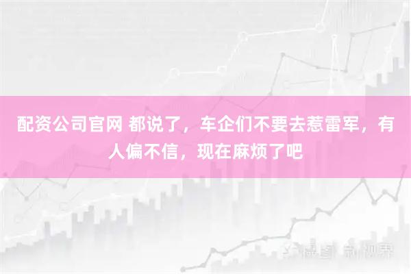 配资公司官网 都说了，车企们不要去惹雷军，有人偏不信，现在麻烦了吧
